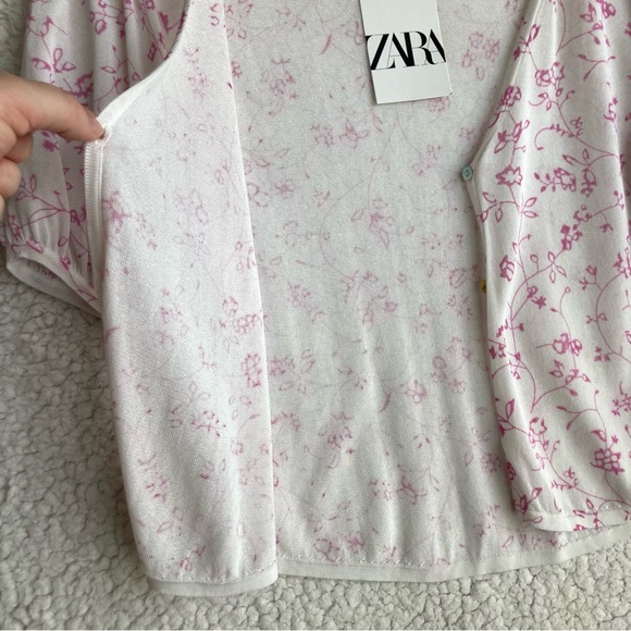 NWT Zara Women's puff short sleeve white floral open front cardigan, Sz L - Picture 7 of 17